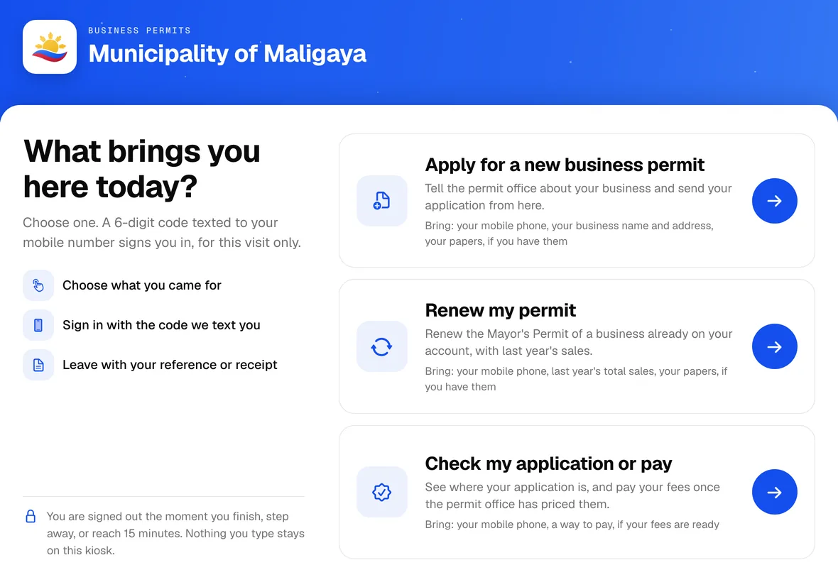 The kiosk asking what brings you here today, with Apply, Renew and Check