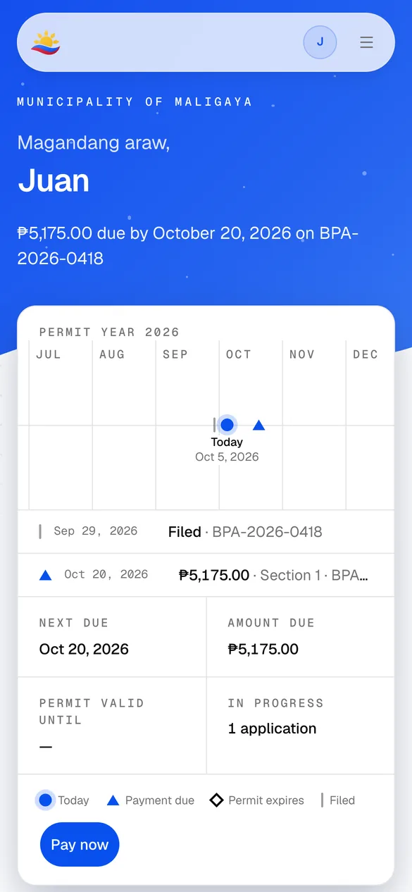 The portal home on a phone: the permit year and the next payment due