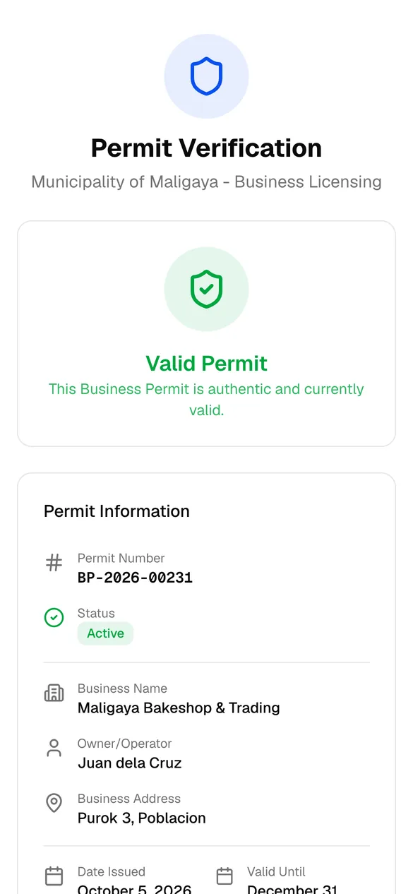 The permit check page saying Valid Permit