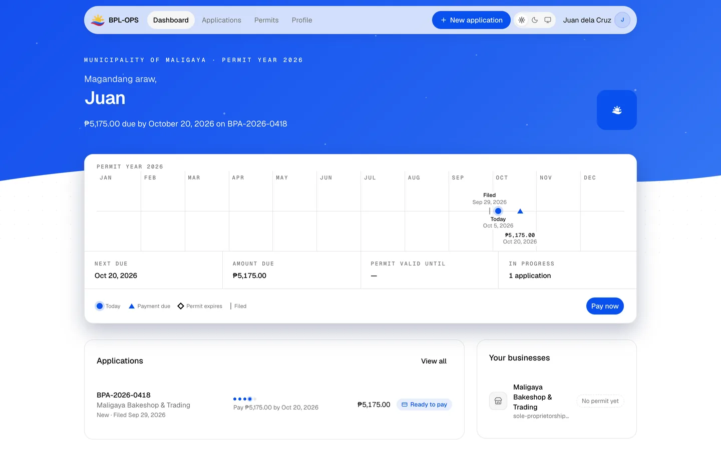 The owner portal's home page, with the permit year and the next payment due