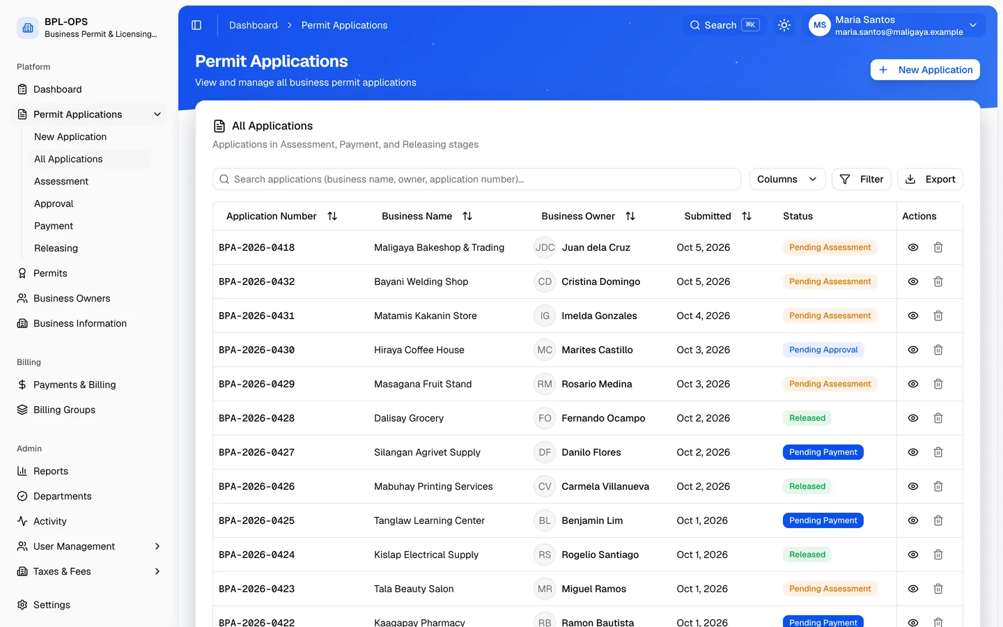 The staff office's list of permit applications