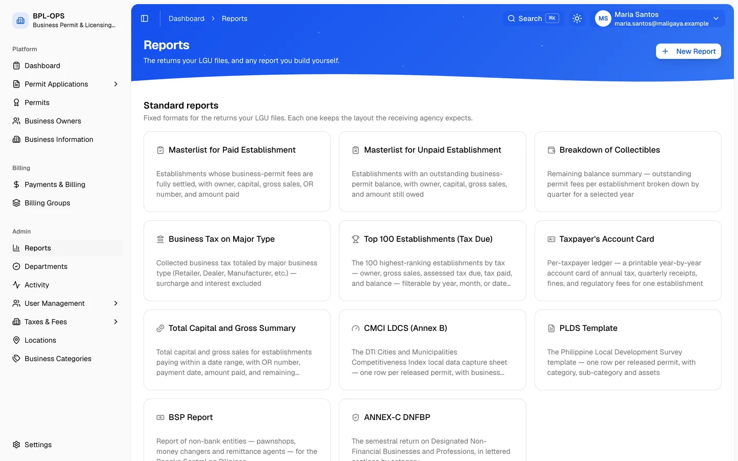 The staff reports page, listing the standard returns