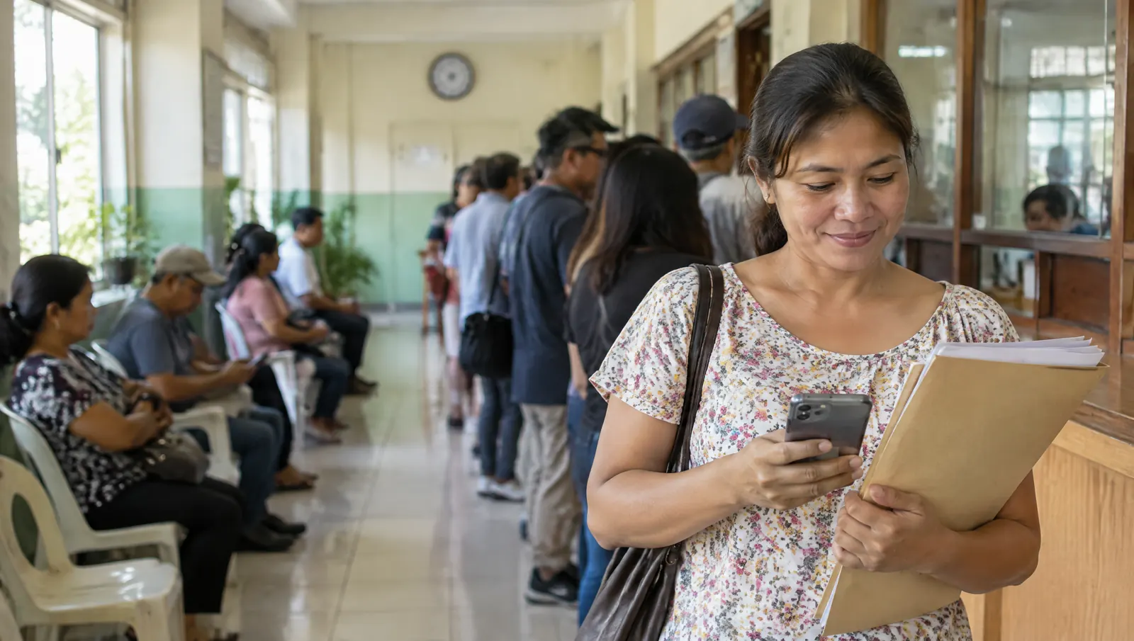 A business owner with her papers in the line at the municipal hall, smiling at her phone