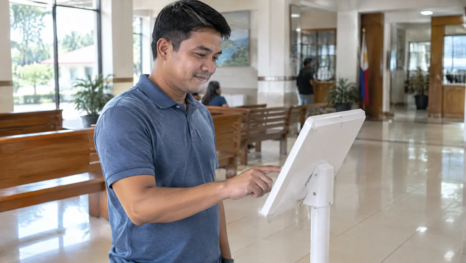 A man using a tablet kiosk in a municipal hall lobby