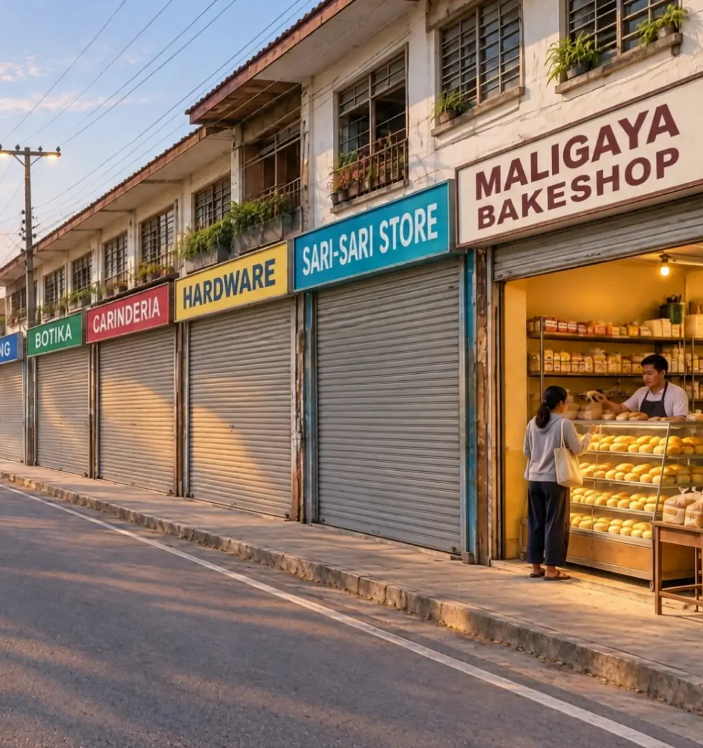 A Philippine town's main street in the morning, its shops opening for business