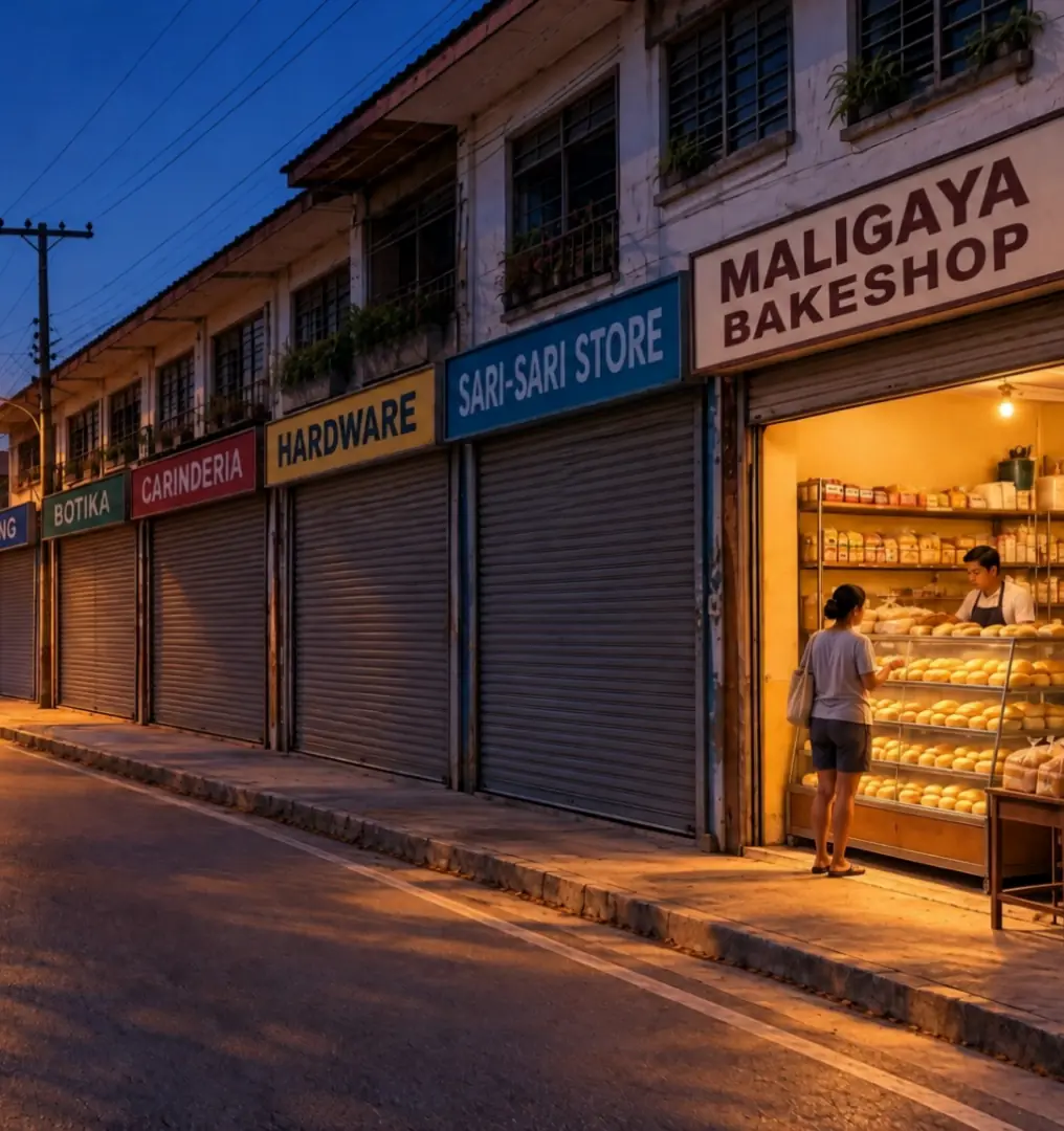 The same main street at night, every shop lit and open